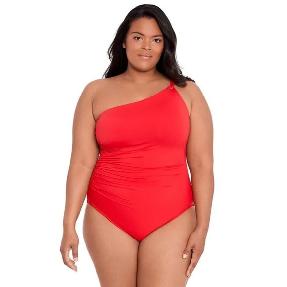 Lauren Ralph Lauren Women's Plus Size Asymmetric One-Piece swimsuit Red 16w - Picture 1 of 9